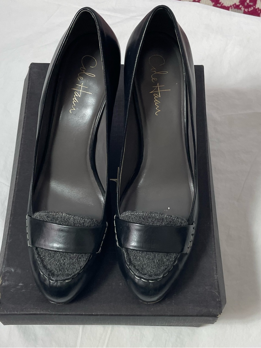 Cole Haan Black Leather Pointed Toe Pumps with Wool Accent